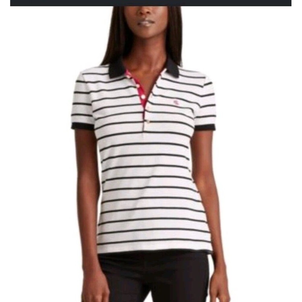 Polo Shirt Women's XL Stripes Gold Button Purple/pink Embroidered